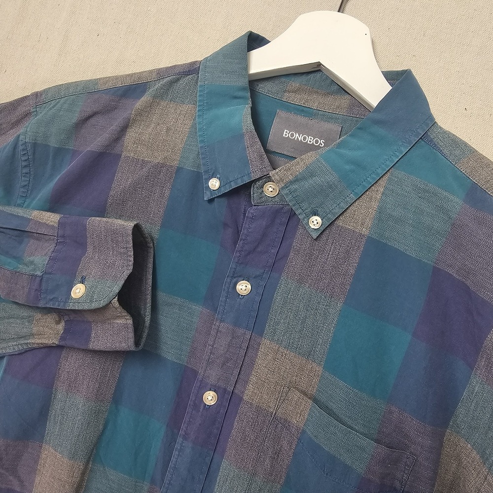 Bonobos Men's Large Blue Plaid Slim Fit Large Grid Check Button Down Shirt